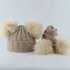 Children Real Natural Fur Pompom Hat Baby Kids Winter Knitted Hat And Scarf Set Boys Girls 4 pieces Pom Beanie Cap 240124