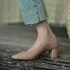 Dress Shoes Women' Pumps Round Toe Korea Style Elegant Soft Cozy Med Heels Slip On Real Leather Cowhide Heel Work