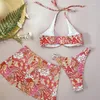 Damenbadebekleidung Hirigin Sommer 3PCS Bikini-Sets Hängender Hals-BH Niedrige Taille Tanga Split Blumenrock Badeanzug