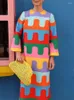 Casual Dresses Elegant Rainbow Printed Women's Split Midi Dress Fashion O Neck Long Sleeved Robe 2024 Autumn Female Causal Loose Vestidos