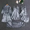 Sleepwear Female 5PCS Pajamas Set Satin Pyjamamas Lace Patchwork Bridal Wedding Nightwear Rayon Home Wear Nighty&Robe Suit 210831273E