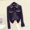 Runway Designer Autumn Shirt Top Fashion Women Tweed Patchwork Chiffon Gold Single Breasted Tassel Weave