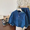 Kleidung Sets 2024 Herbst In Kinder Denim Set 2 stücke 1-7 Jahre Mode Mit Kapuze Patchwork Top Oberbekleidung Mantel solide Hosen