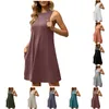 Robes décontractées Vintage été mini robe pour femmes 2024 mode sans manches col rond court robe d'été fluide avec poches robes élégantes