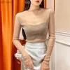 T-shirt das mulheres Sexy Mulheres Camiseta Ver através de malha transparente Tops Manga Longa Sheer Slim Feminino Turtleneck Brilhante Seda T-shirt Lace Crop Top L240201