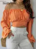 Women's T-Shirt Women Sexy Off Shoulder Printing Blouses Chic and Elegant Lantern Long Sleeve Lace Up Bow Cropped Tops Casual Slim Shirts 2023 L240201