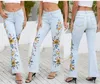 Kvinnors jeans sträcker blossade broderier Flower Design Women Wide Leg Pants Boot Cut Denim Trousers Vintage Runway Bell Bottom Harajuku