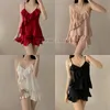 Summer Female Pyjamas Set Green Ruffle Chemise Sleepwear Sexy Strap Top Shorts Intime Lingerie Loose Silk Satin Home Wear 240126