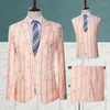 Costumes pour hommes, coupe cintrée, Business décontracté, lin blanc, Orange, rose, robe à rayures verticales, ensemble 3 pièces, veste, pantalon, gilet