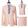 Costumes pour hommes, coupe cintrée, Business décontracté, lin blanc, Orange, rose, robe à rayures verticales, ensemble 3 pièces, veste, pantalon, gilet