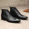 Primavera tornozelo padrão de crocodilo rendas até dedo do pé apontado vestido preto homem wingtip botas masculinas couro genuíno