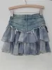 Skirts DEAT Womens Denim Skirt Spliced Irregular Burrs Pleated Tie-dye Gauze Double Layers Miniskirts 2024 Spring New Fashion 29L6301 YQ240201
