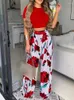 Dames tweedelige broek 2024 Basic Effen crop top Colorblock BloemenprintWijde pijpen Set van mode-casual stukken voor dames