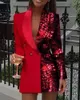 Women Office Dress Colorblock Patchwork Long Sleeve Blazer Dress V Neck Sequins Double Breasted Blazer Dress 240201