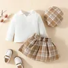 Clothing Sets Toddler Baby Girls Fall Outfits Solid Color Turn-Down Collar Long Sleeve T-Shirts Tops Plaid Skirts Beret Cap 3Pcs Clothes Set