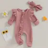 Spring Autumn Baby Solid Color Romper Girls Soft Oneck långärmad Ruffled Jumpsuit med Bow pannband Kidskläder Baby Costume 240118