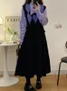 Casual Dresses Vintage Maxi Women Elegant Loose Fake Two-piece Patchwork Polo Collar Knitted Sweater Dress Korea Winter 2024 Thin Warm
