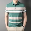 Men's Polo Shirts Korea Man Golf Shirts Summer Striped Print Button Clothing Business Style Male Streetwear Short Sleeve TShirt 240122