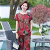 Women's Tracksuits Mom's Summer Suits Print Ice Silk Two-Piece Set For Mid-Aged And Elderly Women Fashion Pant Sets Grandmother