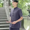 Ethnic Clothing 2024 Chinese Vintage Men Meditation Set Traditional Cotton Linen Tang Suit Oriental Buddhist Tops Pants Zen