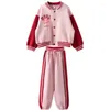 Kläder sätter Girls Spring Autumn Baseball Uniform Suits Junior Kids Casual Patchwork Coat and Pants 2st High Quality Children 5-15Y