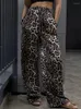 Calças femininas mnealways18 leopardo impressão pernas largas mulheres casual alta cintura elástica rua estilo feminino bolsos longos 2024