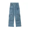 Multi-Pocket Blue Washed Cargo Hose Y2k Retro High Street Fashion High Waist Jeans Paar Harajuku Schlichte lässige Hose mit weitem Bein 240125