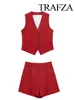 Women's Tracksuits TRAFZA Women Elegant Solid Button Sleeveless Linen Shorts Set Vintage Casual V Neck Chic Vest 2024 Office Lady Suit