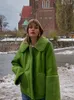 Damska skórzana zielona pu płaszcz jesienny zimowy kołnierz odchudzki Długie rękawowe płaszcze 2024 Modna kieszeń na guziki streetwear dama
