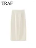 Saias traf feminino elegante longo cor sólida cintura alta bolsos decoração botão de fenda zíper moda feminina chique