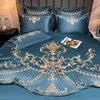 Ensemble de literie bleu brillant de luxe broderie or Royal Satin coton Double housse de couette drap-housse taies d'oreiller Textile de maison 240131