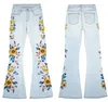Kvinnors jeans sträcker blossade broderier Flower Design Women Wide Leg Pants Boot Cut Denim Trousers Vintage Runway Bell Bottom Harajuku