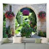 Tapestries Park Flowers Tapestry Pink Floral Plant Vintage Brick Wall Arch Modern Home Garden Living Room Courtyard Decoration Hanging