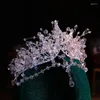 Hårklipp barock lyxig frontlet kristallpärlor brud tiaras krona rhinestone tävling diadem brud huvudstycke bröllop tillbehör