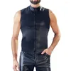 Men's Tank Tops Vests Male Party Sexy Shiny Sleeveless Spandex Stage T-shirt Vest Vintage Costume Zip Faux Leather 2024 Fashion