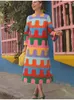 Casual Dresses Elegant Rainbow Printed Women's Split Midi Dress Fashion O Neck Long Sleeved Robe 2024 Autumn Female Causal Loose Vestidos