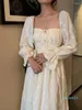 Vestidos casuais 2024 primavera elegante longo vestido de fada mulheres doce bordado flare