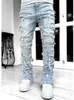 Męskie swobodne dżinsy Tassels Patchwork Design Slim Fit Solid Kolor Stretch Dżinsowe spodnie Prosty nogi streetwearu 240125