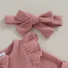 Spring Autumn Baby Solid Color Romper Girls Soft Oneck långärmad Ruffled Jumpsuit med Bow pannband Kidskläder Baby Costume 240118