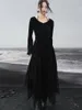 Casual Dresses UMI MAO Dark Velvet Dress Elegant Women's 2024 Autumn Winter Style Layable Lace Irregular Splice Femme Y2K