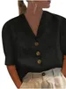 Women's Blouses 2024 Summer Polo Neck Button Middle Sleeve Solid Cotton Linen Top Women