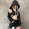 Hoodies femininos goth escuro streetwear cortado shopping gótico grunge punk cruz fivela com capuz colheita sweatshirts y2k techwear moda preto topo