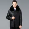 Hiver moyen concepteur âgé hommes doublure intérieure amovible veste en cuir bouton manteau en peau de mouton avec col en fourrure véritable et velours épaissi 3MR4