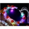 Couronnes de fleurs décoratives Couronne de fleurs LED Guirlande lumineuse Or Soie Colorf Mariée Bandeau Lumières Ruban Rotin Fée Coiffe Fe Dh2Tu