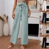 Fashionable Women's Trousers for Spring and Summer Pure Color Cotton and Linen Loose Elastic Wide Leg Casual Long Pants