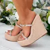 Tofflor Summer Western Style Wedge Thick Sole Fashion Party Women's Bright Diamond Outdoor Open Toe Shoes High 14cm