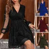 Robes décontractées Mini longueur robe élégante col en V paillettes avec manches en maille pour les femmes printemps automne bal cocktail tenue de soirée