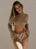 Women's Pants 2024 Sexy Beach Crop Top Shorts Sets Women Knit Long Sleeve Lace Up Female Suit Summer Holiday See Through 2 Piece Set Womens