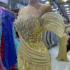 2024 ASO EBI Gold Mermaid Prom Dress Pärled Crystals Sheer Neck Evening Formal Party Second Reception Födelsedagsengagemang Klänningar Klänningar Robe de Soiree ZJ88