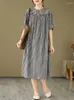 Abiti da festa Manica corta Oversize in cotone e lino Plaid vintage per le donne Abito estivo lungo allentato casual Abbigliamento elegante 2024